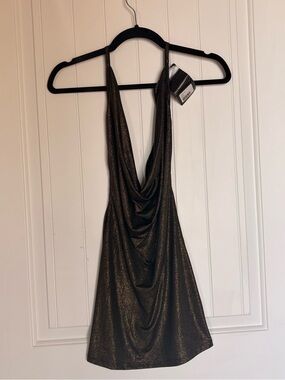 Metallic Draped cowl neck Halter Mini Dress - Black/Gold NWT